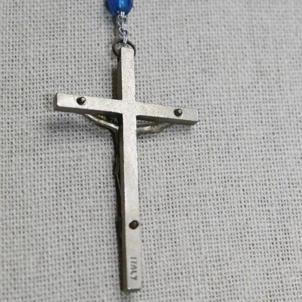 Vintage Rosary Blue Faceted Glass Bead Italy Crucifix Catholic Prayer Necklace